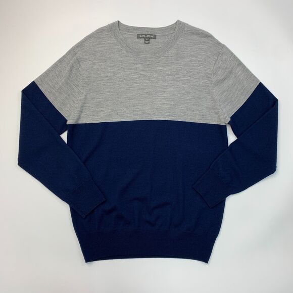 State Stone Wool Sweater Mens XL Extra Large Gray Navy 2-Tone Crew Neck Pullover - Picture 2 of 13